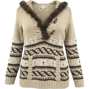 Kenji Sweater Wms M Beige Fair Isle Faux Fur Hood Toggle Handknit Nordic Boho